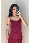 Kadın Bordo Askılı Yırtmaçlı Uzun Elbise 1009-1034