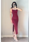Kadın Bordo Askılı Yırtmaçlı Uzun Elbise 1009-1034