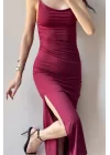 Kadın Bordo Askılı Yırtmaçlı Uzun Elbise 1009-1034