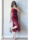 Kadın Bordo Askılı Yırtmaçlı Uzun Elbise 1009-1034