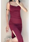 Kadın Bordo Askılı Yırtmaçlı Uzun Elbise 1009-1034