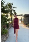 Kadın Bordo Bağlamalı Kısa Elbise 1026-221677