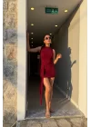 Kadın Bordo Bağlamalı Kısa Elbise 1026-221677