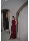 Kadın Bordo Boyundan Bağlamalı Uzun Elbise 0994-2209