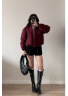Kadın Bordo Fermuarlı Cepli Mont 0445-26009
