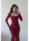 Kadın Bordo Yırtmaçlı Uzun Elbise 1041-2465