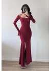 Kadın Bordo Yırtmaçlı Uzun Elbise 1041-2465