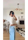 Kadın Ekru Asimetrik Triko Bluz 0181