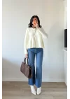 Kadın Ekru Eteği Volanlı Triko Hırka 1014-2525