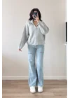 Kadın Gri Fermuarlı Oversize Hırka 1014-2381