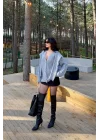 Kadın Gri Triko Düğme Oversize Hırka 1014-2561