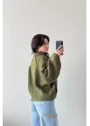 Kadın Haki Fermuarlı Oversize Hırka 1014-2381