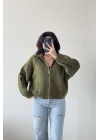 Kadın Haki Fermuarlı Oversize Hırka 1014-2381
