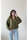 Kadın Haki Fermuarlı Oversize Hırka 1014-2381