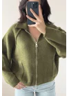 Kadın Haki Fermuarlı Oversize Hırka 1014-2381