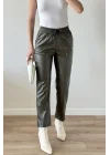Kadın Haki Lastikli Çımalı Deri Pantolon 30322