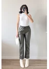 Kadın Haki Lastikli Çımalı Deri Pantolon 30322