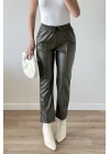 Kadın Haki Lastikli Çımalı Deri Pantolon 30322