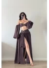 Kadın Kahve Crop Etek Takım 1041-3234