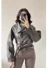 Kadın Kahve Düğmeli İnce Deri Ceket 0999-8505