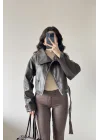 Kadın Kahve Düğmeli İnce Deri Ceket 0999-8505