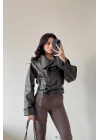 Kadın Kahve Düğmeli İnce Deri Ceket 0999-8505