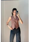 Kadın Kahve Düğmeli Yelek 0079-3510