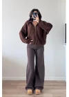 Kadın Kahve Fermuarlı Oversize Hırka 1014-2381