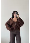 Kadın Kahve Fermuarlı Oversize Hırka 1014-2381