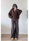 Kadın Kahve Fermuarlı Oversize Hırka 1014-2381