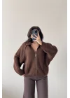 Kadın Kahve Fermuarlı Oversize Hırka 1014-2381