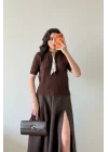 Kadın Kahve Fularlı Kısa Kol Kazak 1014-2536
