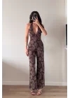Kadın Kahve Halter Yaka Astarlı Tulum 1017-2539