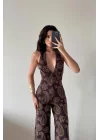 Kadın Kahve Halter Yaka Astarlı Tulum 1017-2539