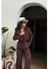 Kadın Kahve Jakarlı Gömlek Pantolon Takım 0999-25018