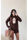 Kadın Kahve Labubu Ayıcıklı Kazak 1014-5244