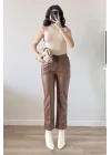 Kadın Kahve Lastikli Çımalı Deri Pantolon 30322