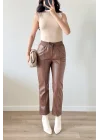 Kadın Kahve Lastikli Çımalı Deri Pantolon 30322