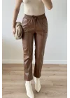 Kadın Kahve Lastikli Çımalı Deri Pantolon 30322