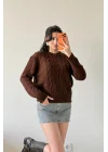 Kadın Kahve Saç Örgü Triko Kazak 1014-2573