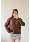 Kadın Kahve Saç Örgü Triko Kazak 1014-2573