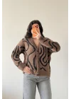 Kadın Kahve Zebra Desen Peluş Hırka 1014-2520