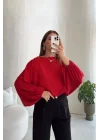 Kadın Kırmızı Yarasa Kol Oversize Bluz 1627