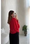 Kadın Kırmızı Yarasa Kol Oversize Bluz 1627