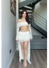 Kadın Krem Dantel Crop Takım 1039-3074