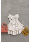 Kadın Krem Korseli Çizgili Mini Elbise 5424