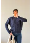 Kadın Lacivert Saç Örgü Triko Kazak 1014-2573