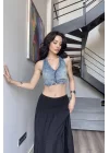 Kadın Mavi Crop Kot Yelek 1034-0006
