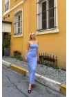 Kadın Mavi Straplez Elbise 1026-221730