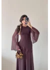 Kadın Mor Kol Ve Etek Şifon Bel Fırfırlı Elbise 1041-2697